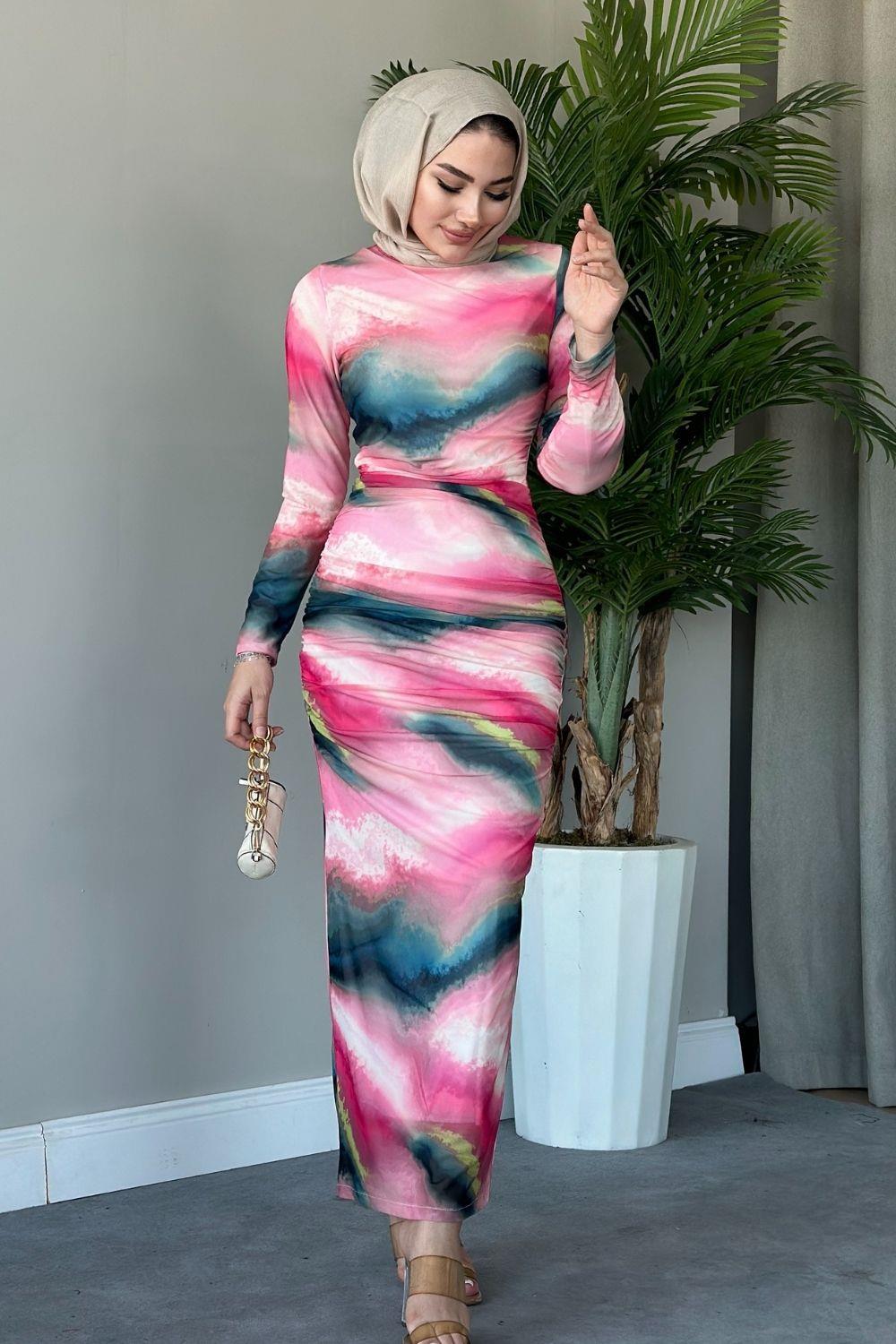 Büzgülü Tül Elbise Pembe 8603 