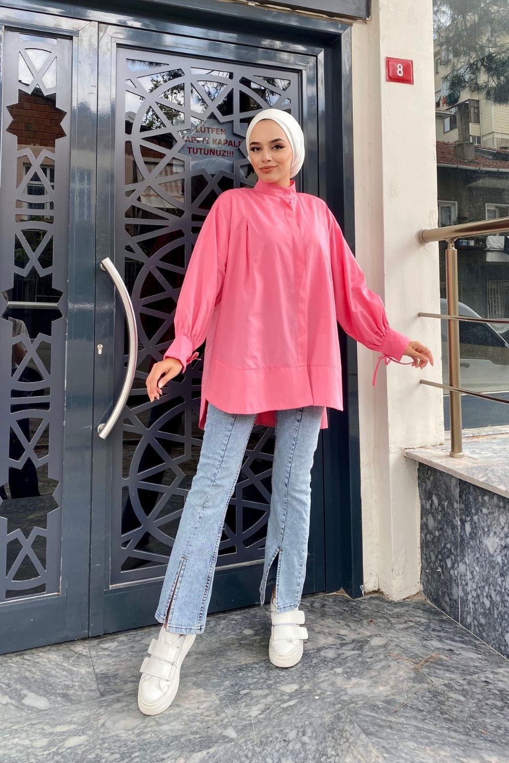 Geniş Pileli Poplin Gömlek Pembe 8622 