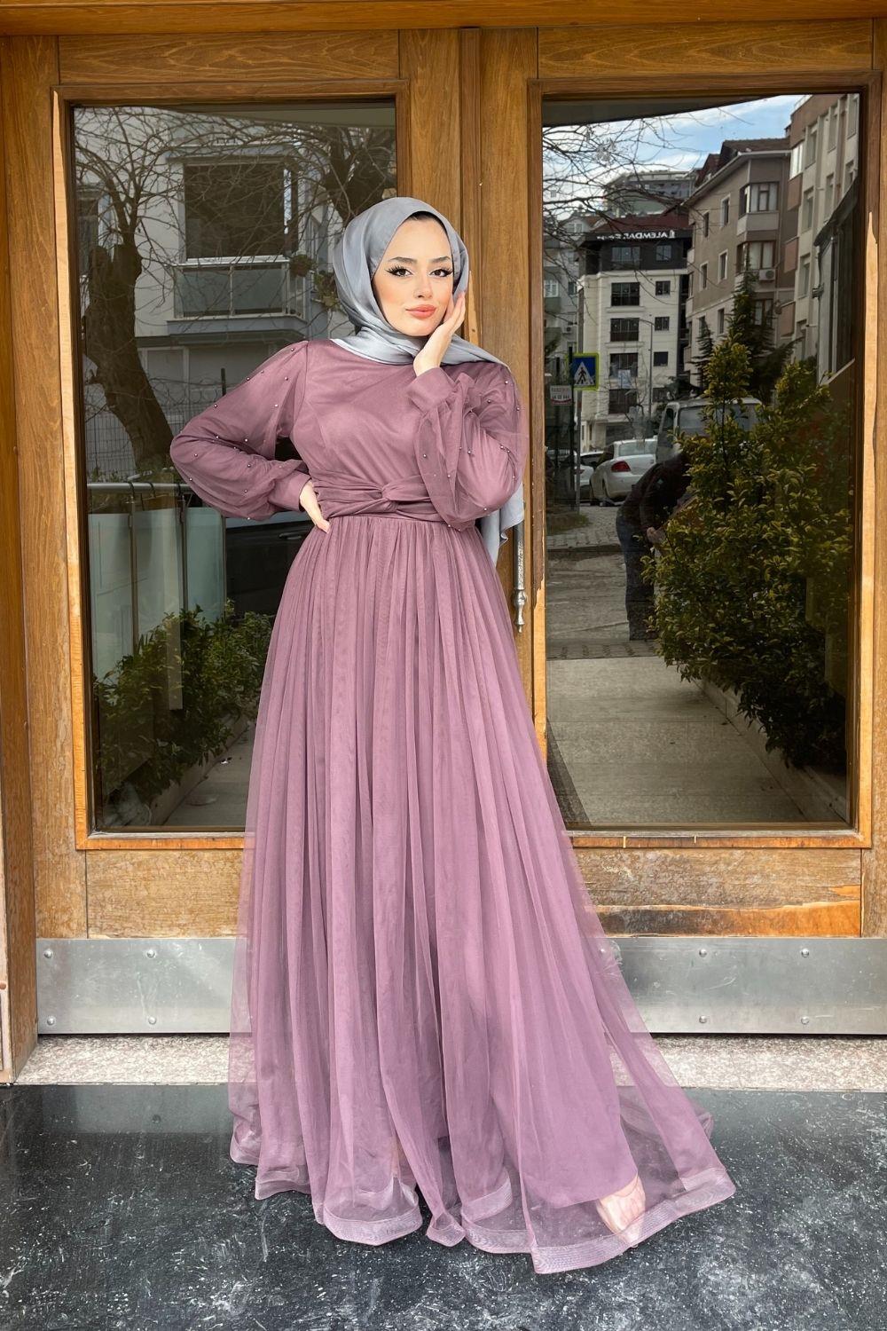 Kolları Boncuklu Beli Çapraz Tül Abiye Mürdüm 8627 