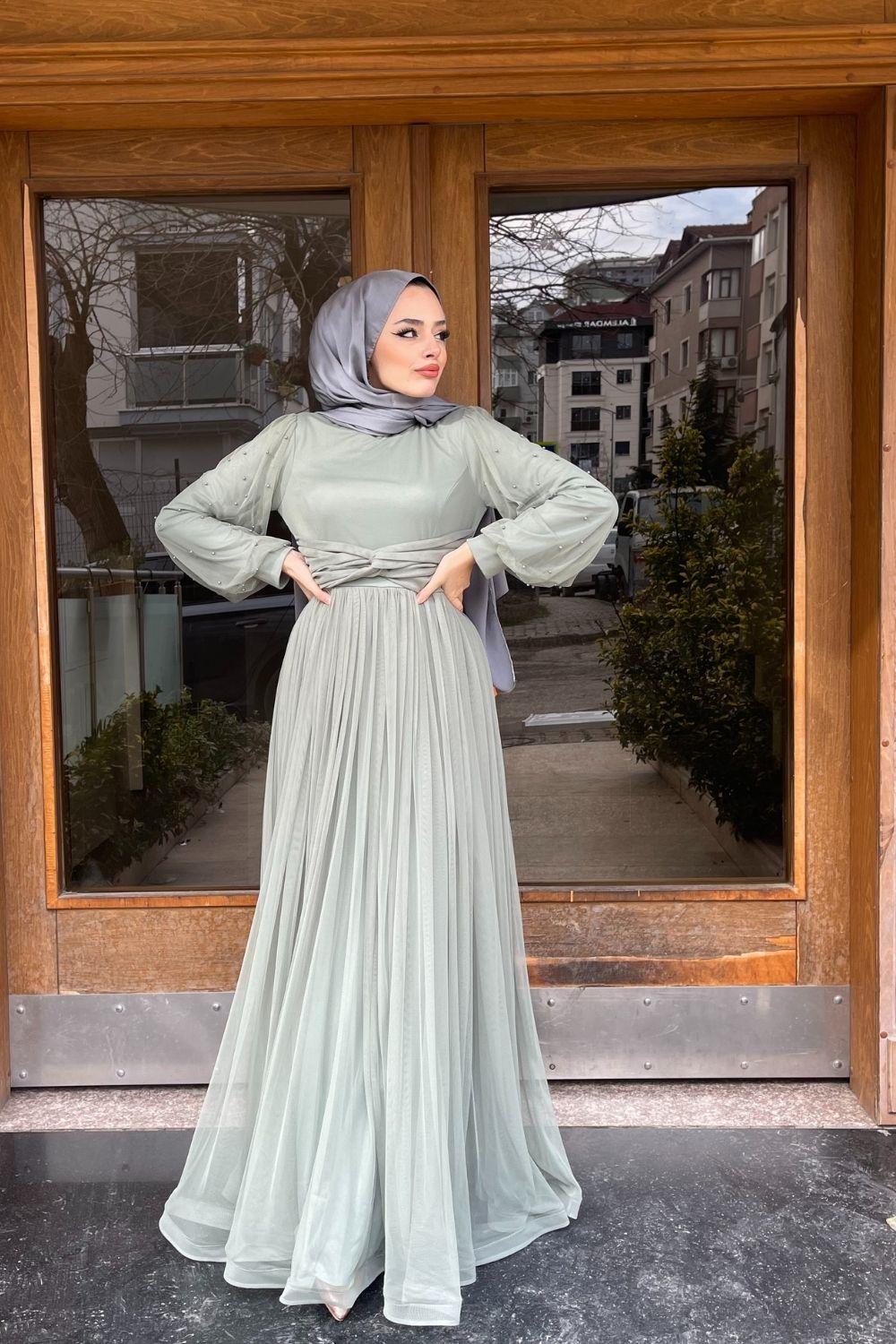 Kolları Boncuklu Beli Çapraz Tül Abiye Mint 8627 