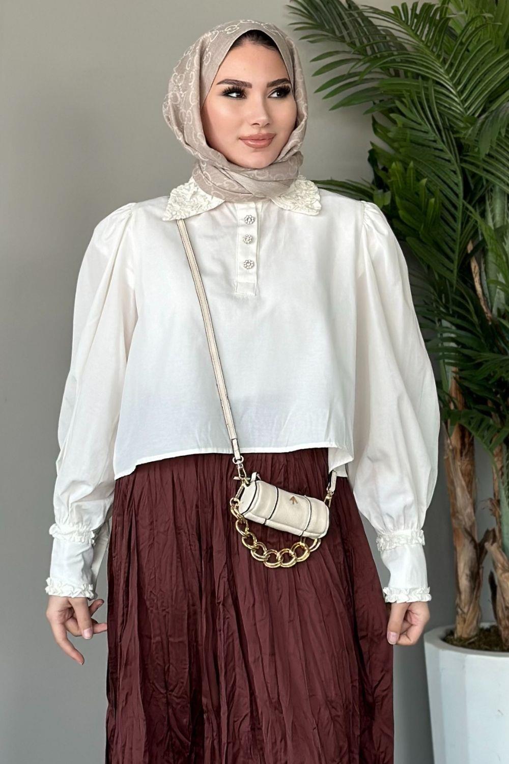 Yakası Fırfır Detaylı Gömlek Beyaz 8679 