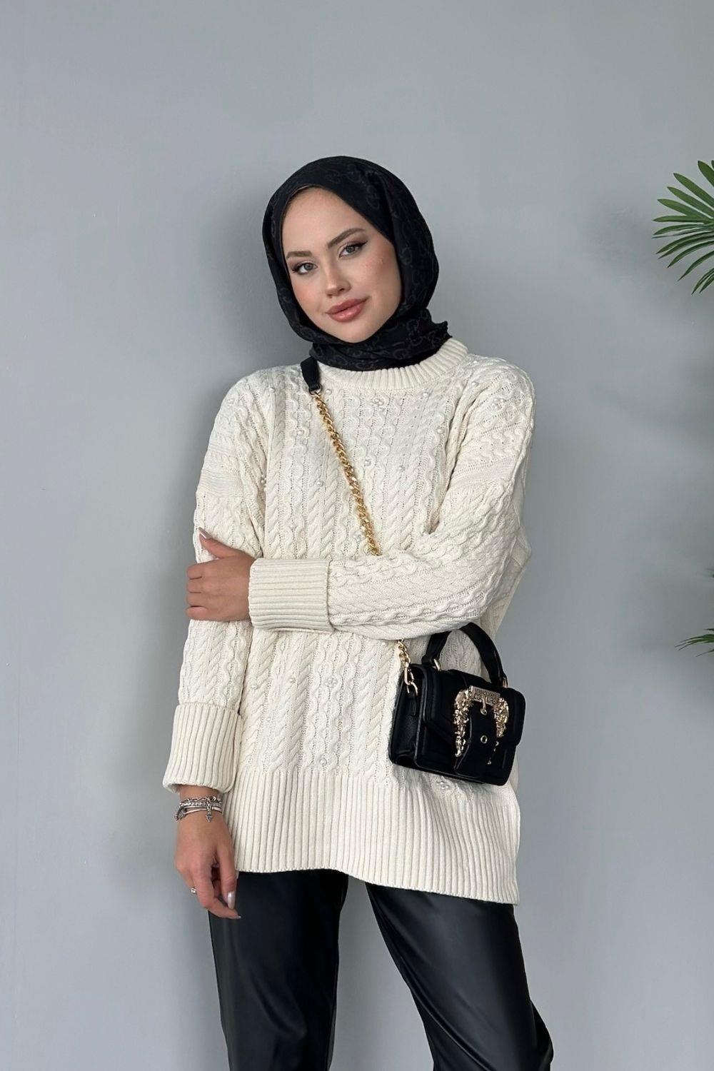 İncili Triko Kazak Ekru 8773 