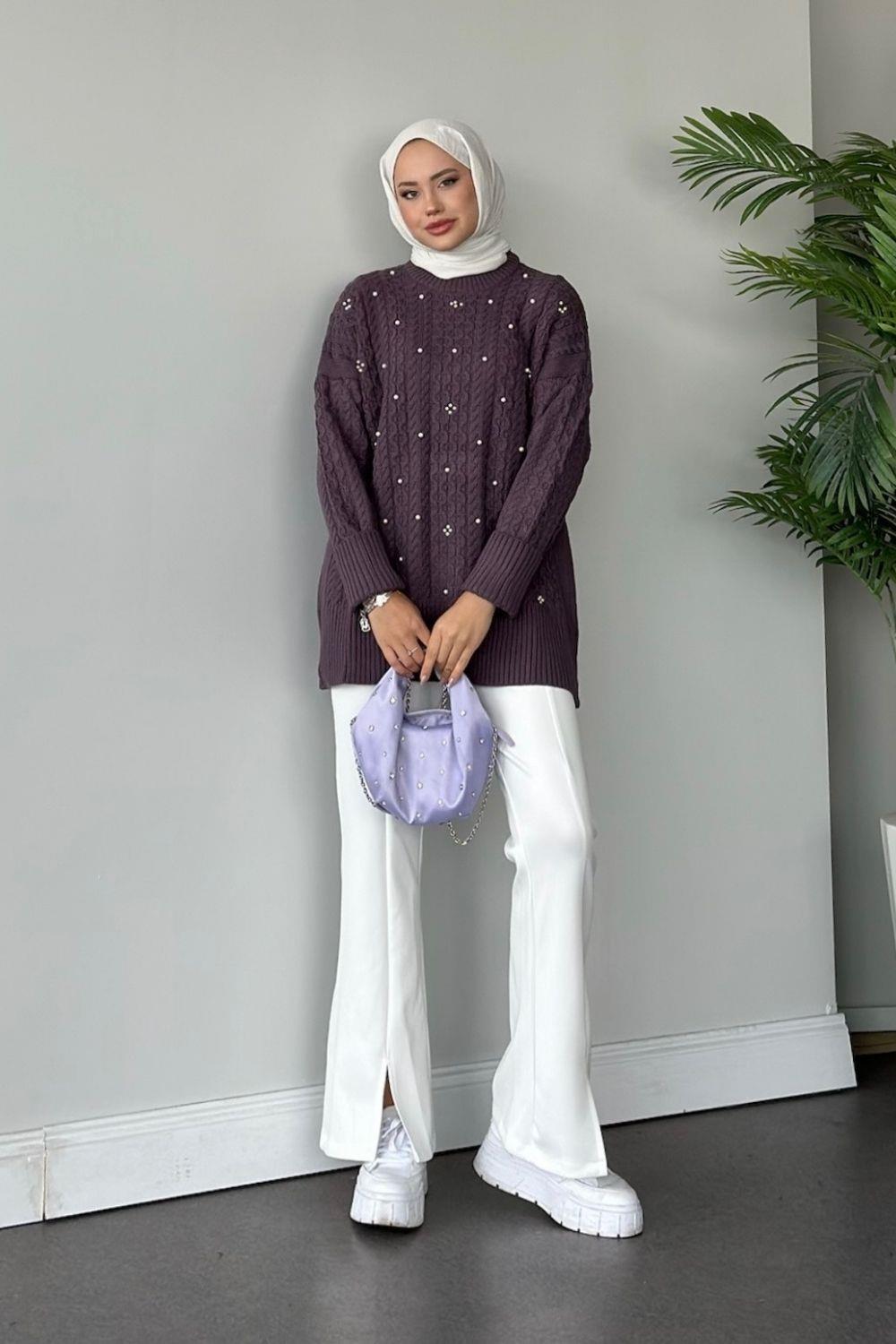 İncili Triko Kazak Mürdüm 8773 