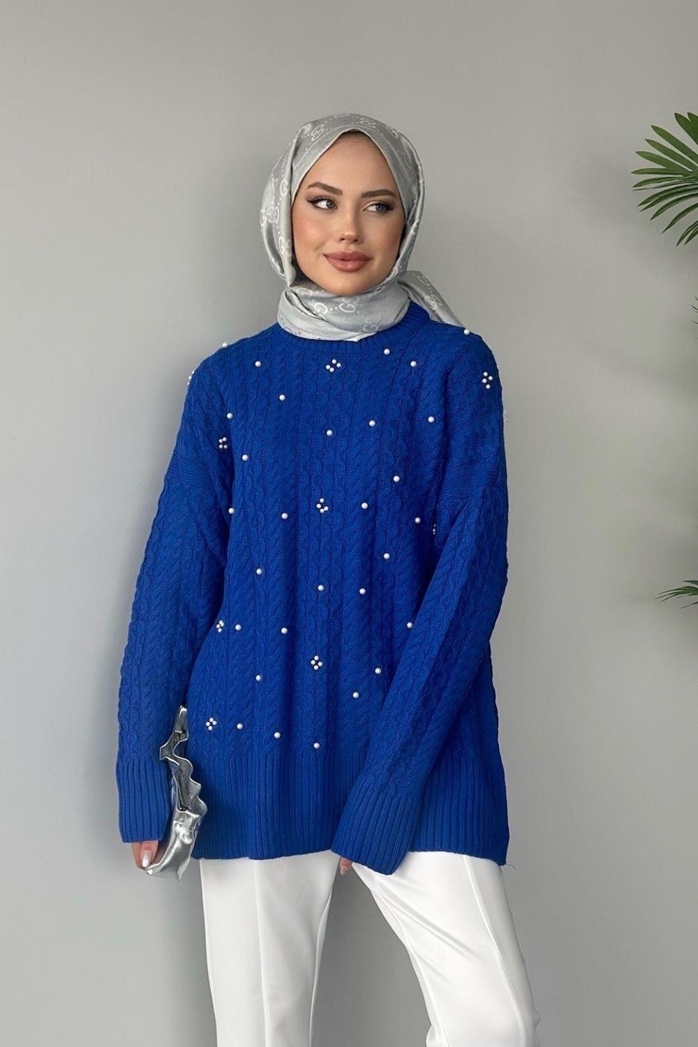 İncili Triko Kazak Saks 8773 