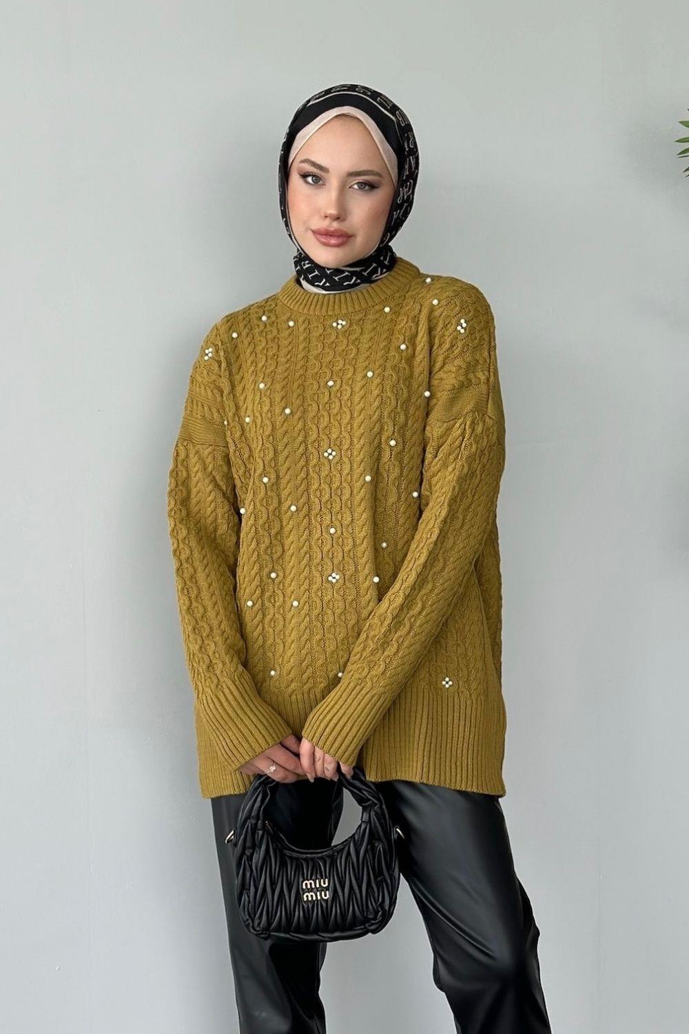 İncili Triko Kazak Yağ Yeşili 8773 