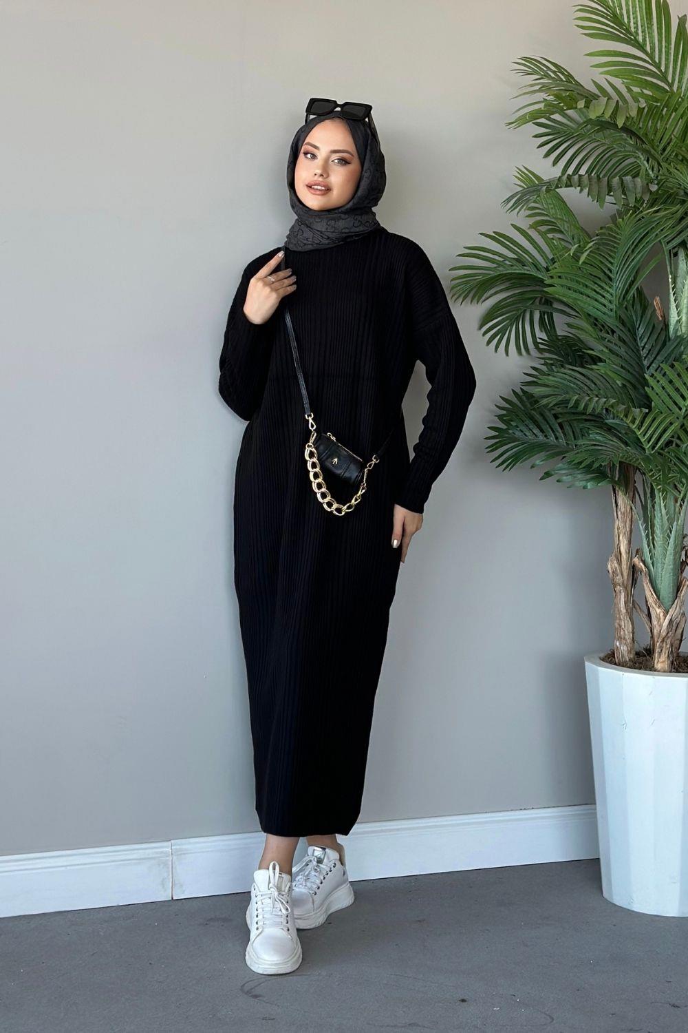 Fitilli Triko Elbise Siyah 8787 