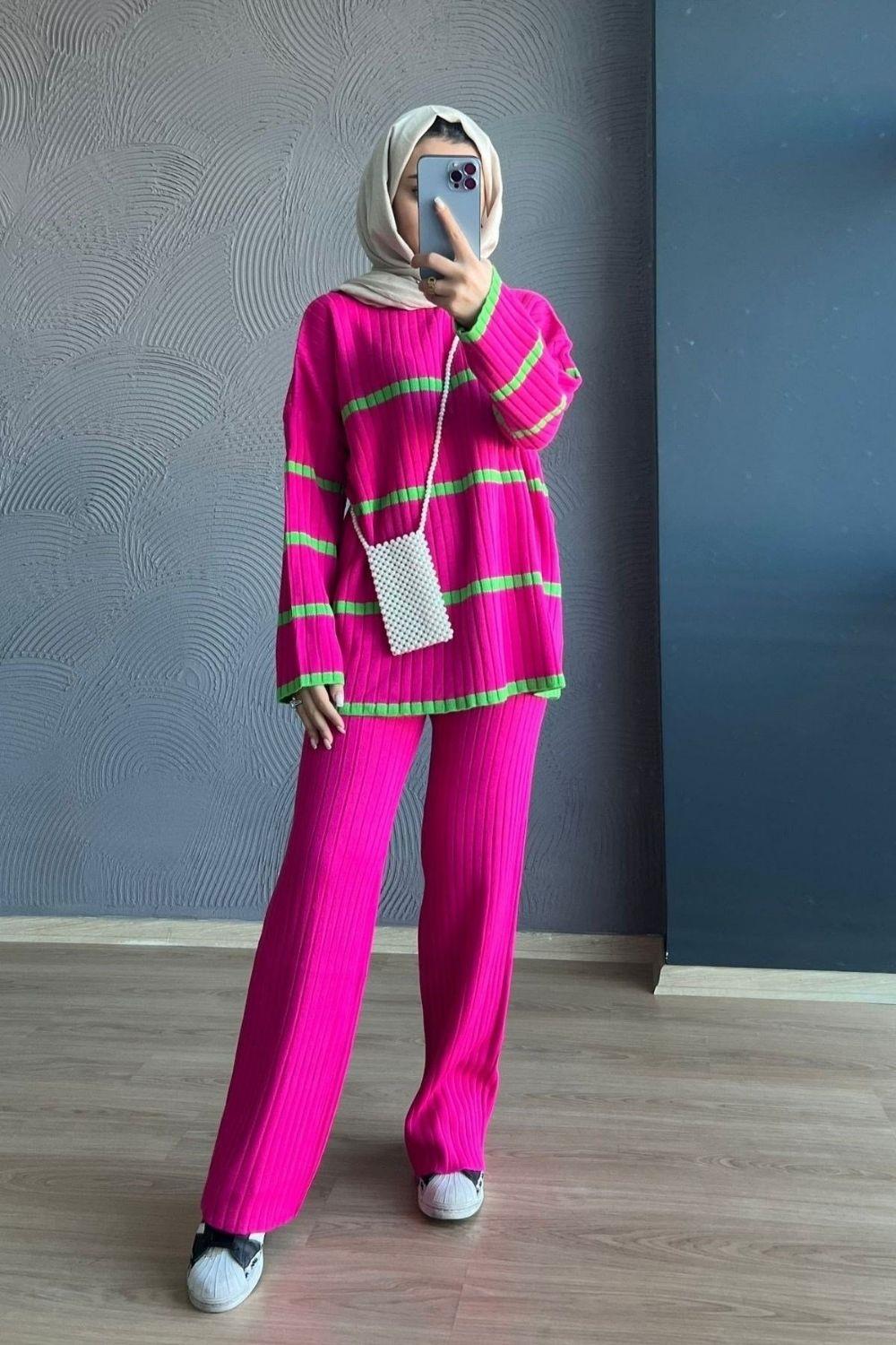 İki Renkli Triko Takım Pembe 8887 