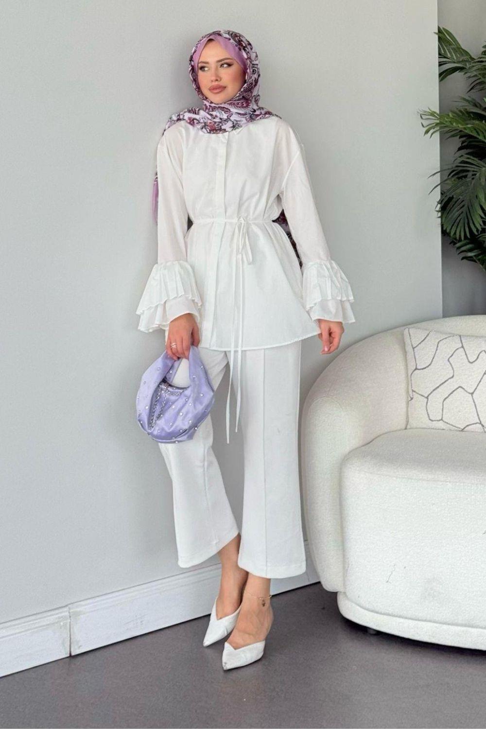 Kolu Piliseli Uzun Gömlek Beyaz 8973 