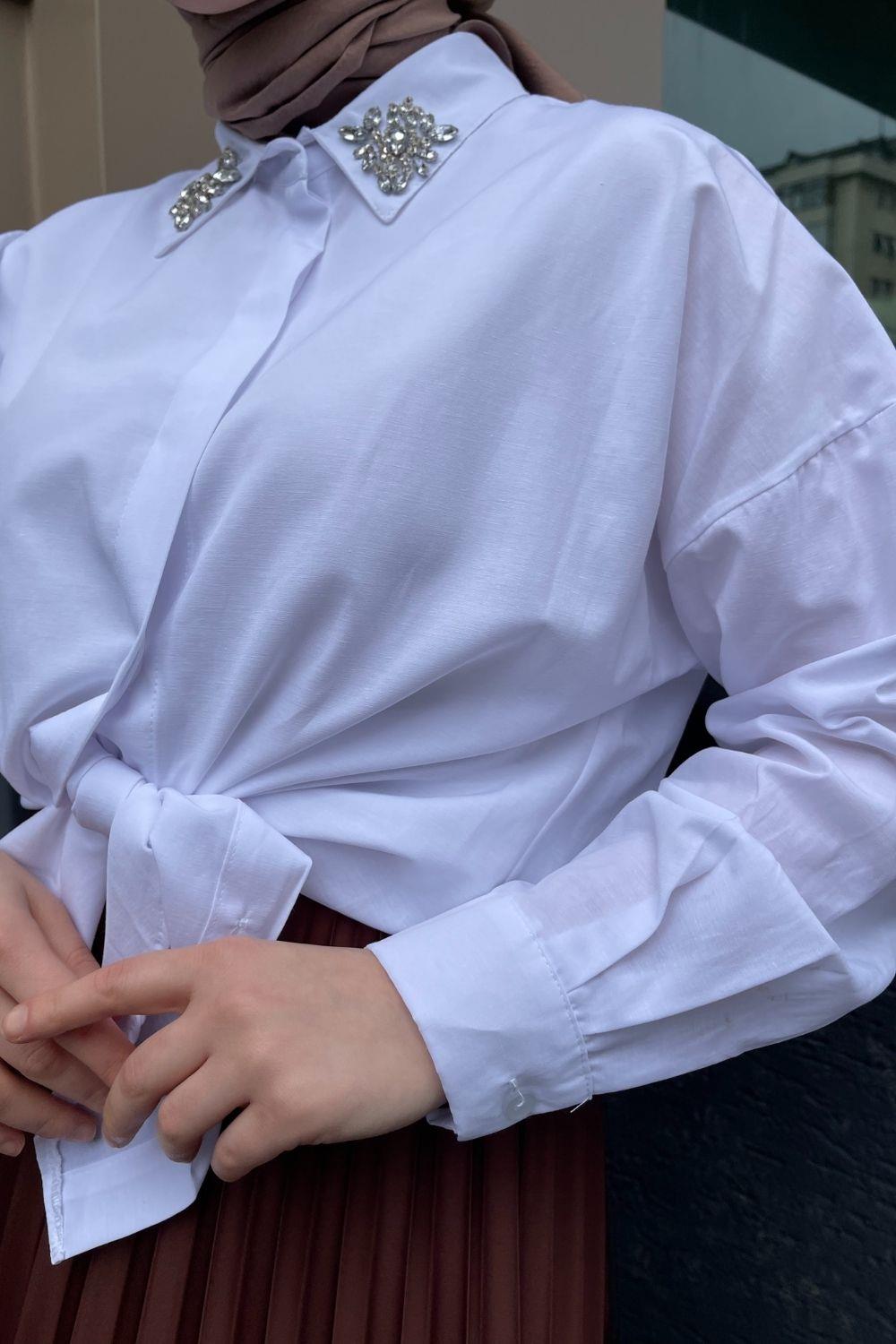 Yakası Taşlı Gömlek Beyaz – Şule Giyim | Tesettür Giyim