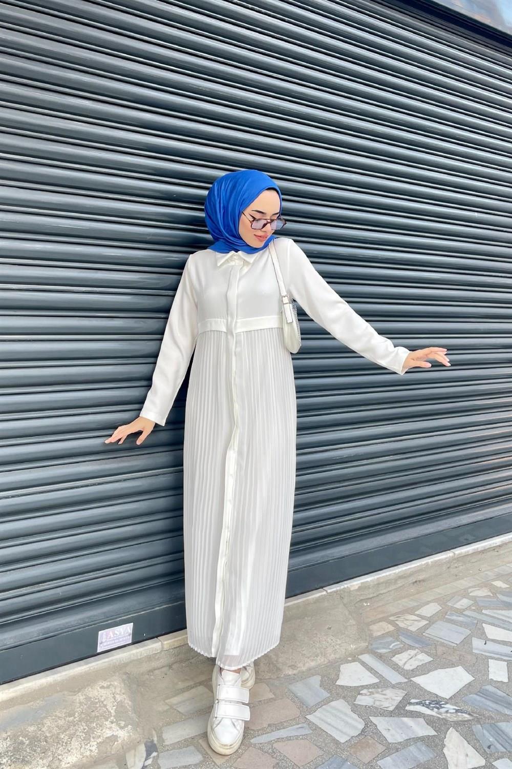Pileli Şifon Elbise Beyaz – Şule Giyim | Tesettür Giyim