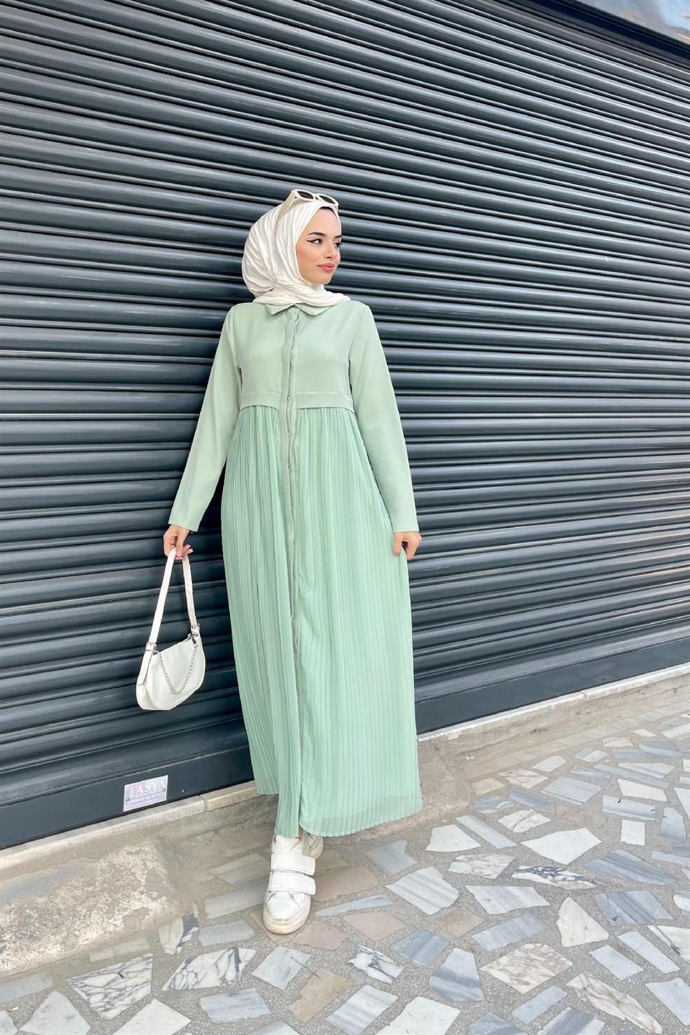 فستان شيفون مطوي نعناعي