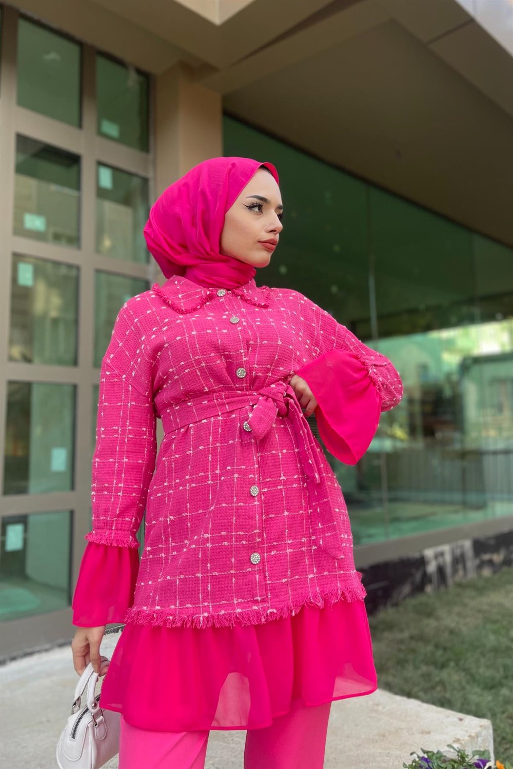 Tüvit Ceket Altın Tül Detaylı Takım Pembe – Şule Giyim | Tesettür Giyim