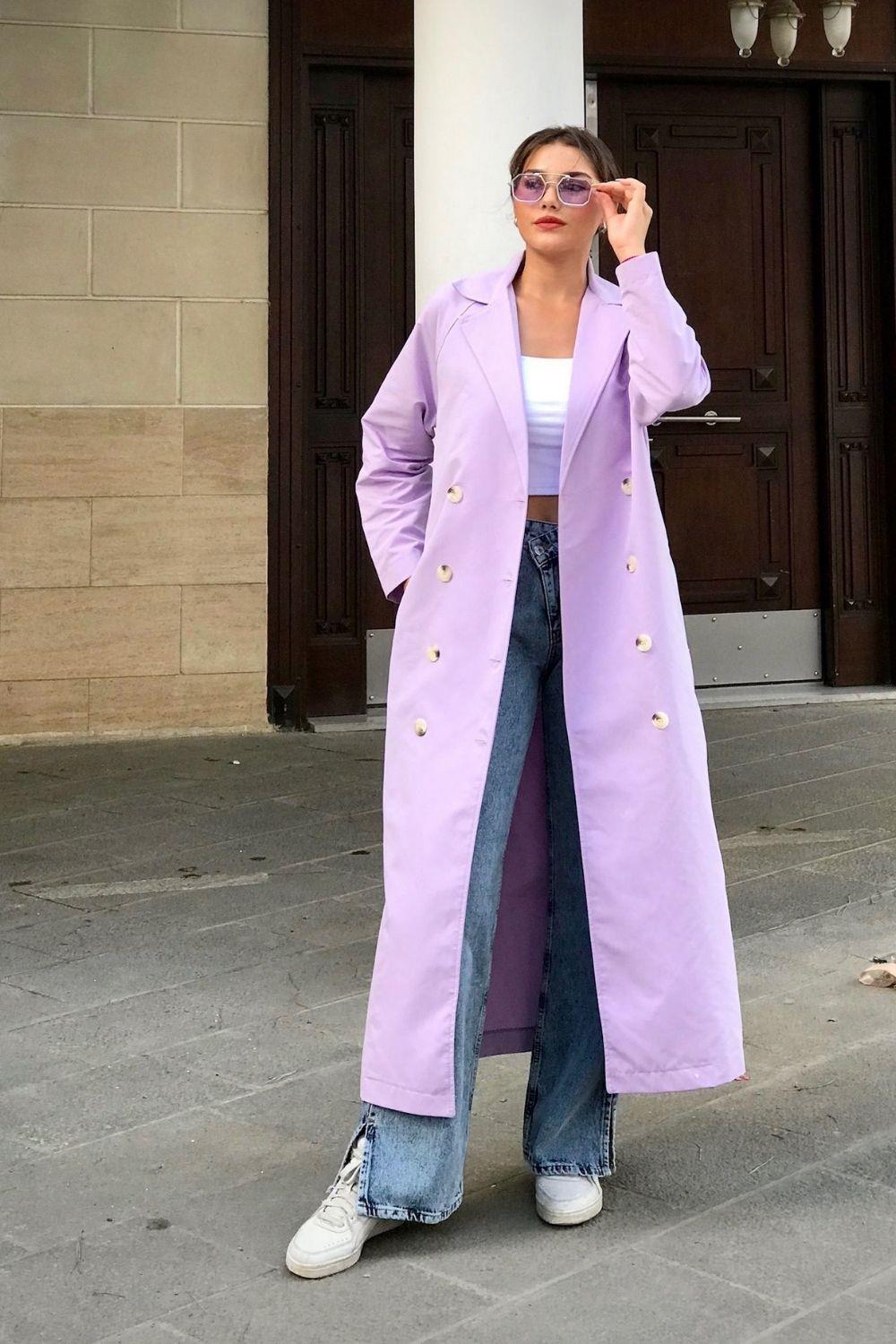 معطف طويل بأزرار أرجواني