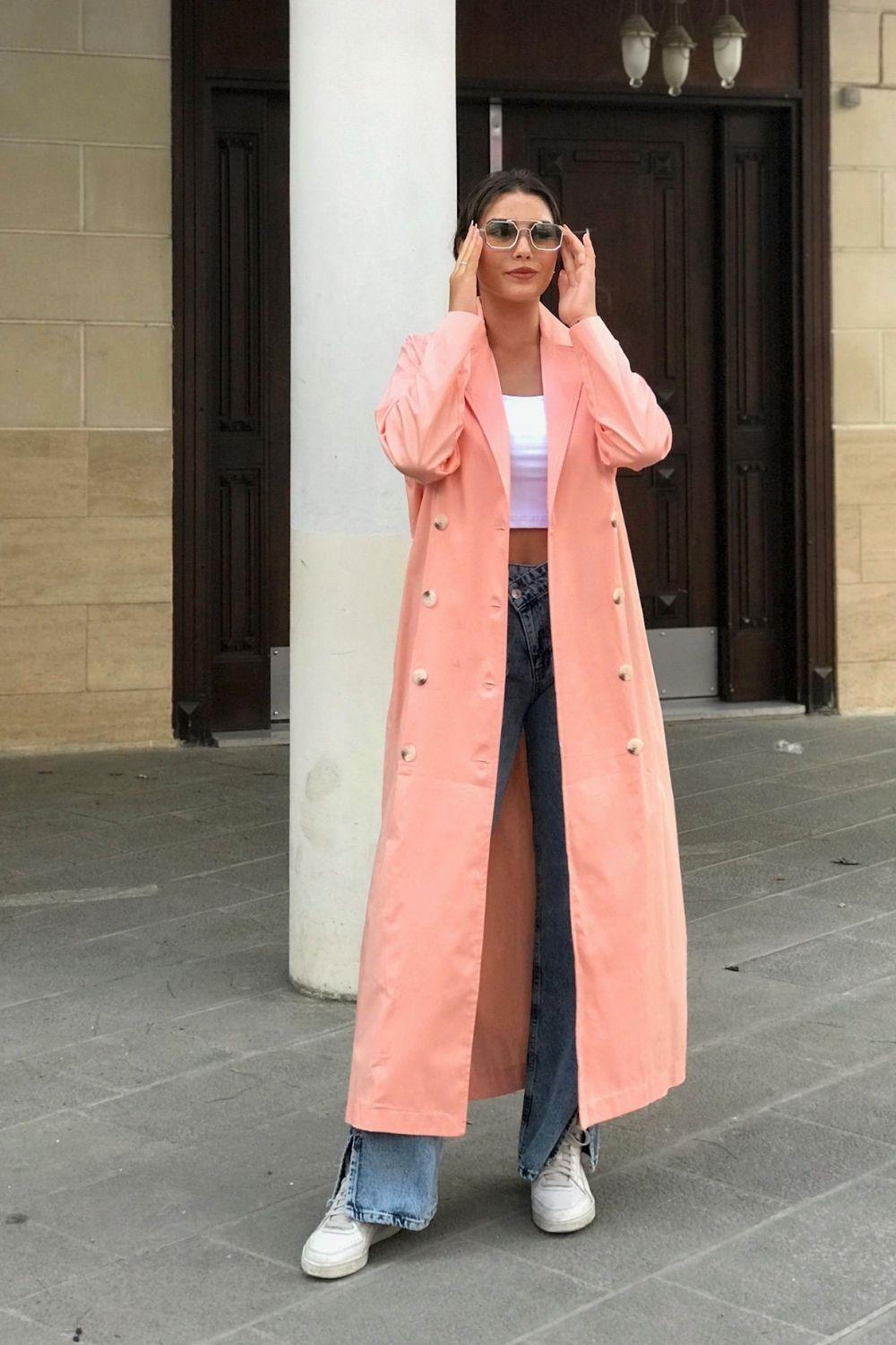 Uzun Düğmeli Trençkot Pembe 92920 