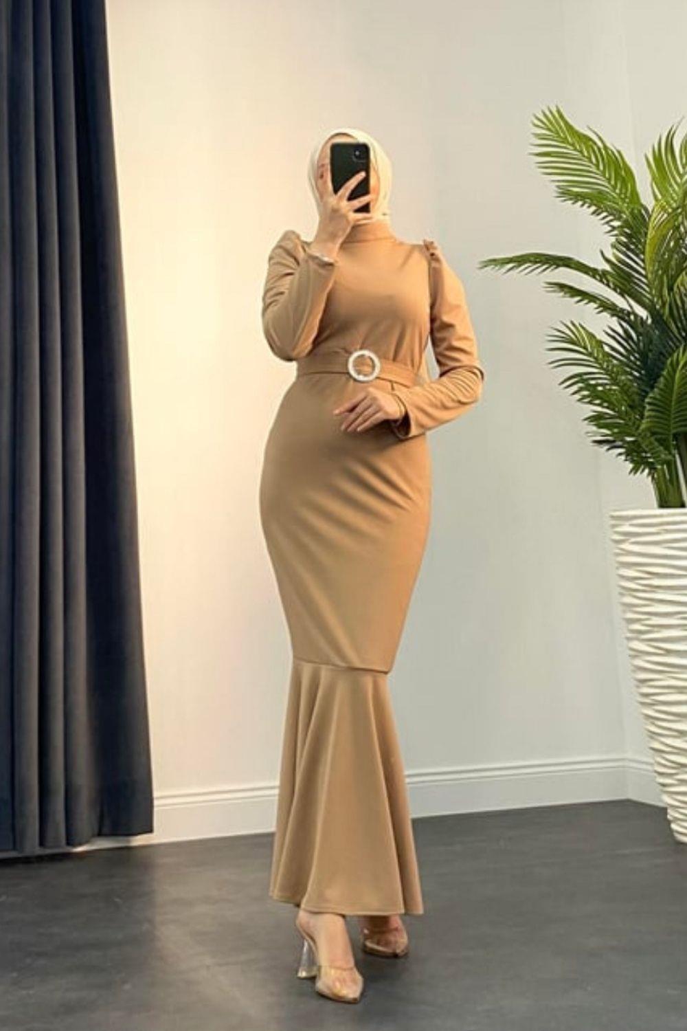 Altı Volanlı Elbıse Camel 9393 