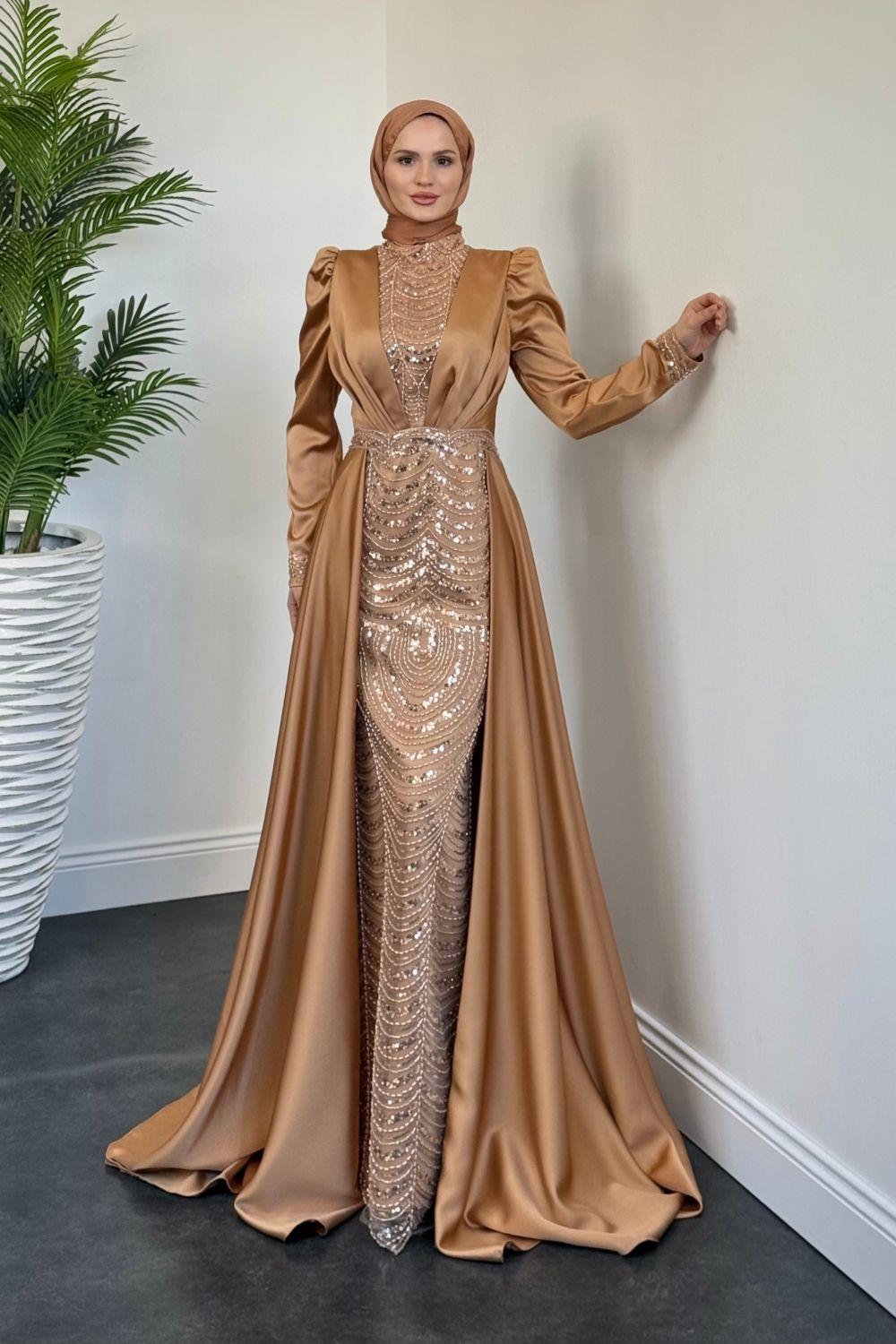 Pelerinli Saten Abiye Camel 9399 