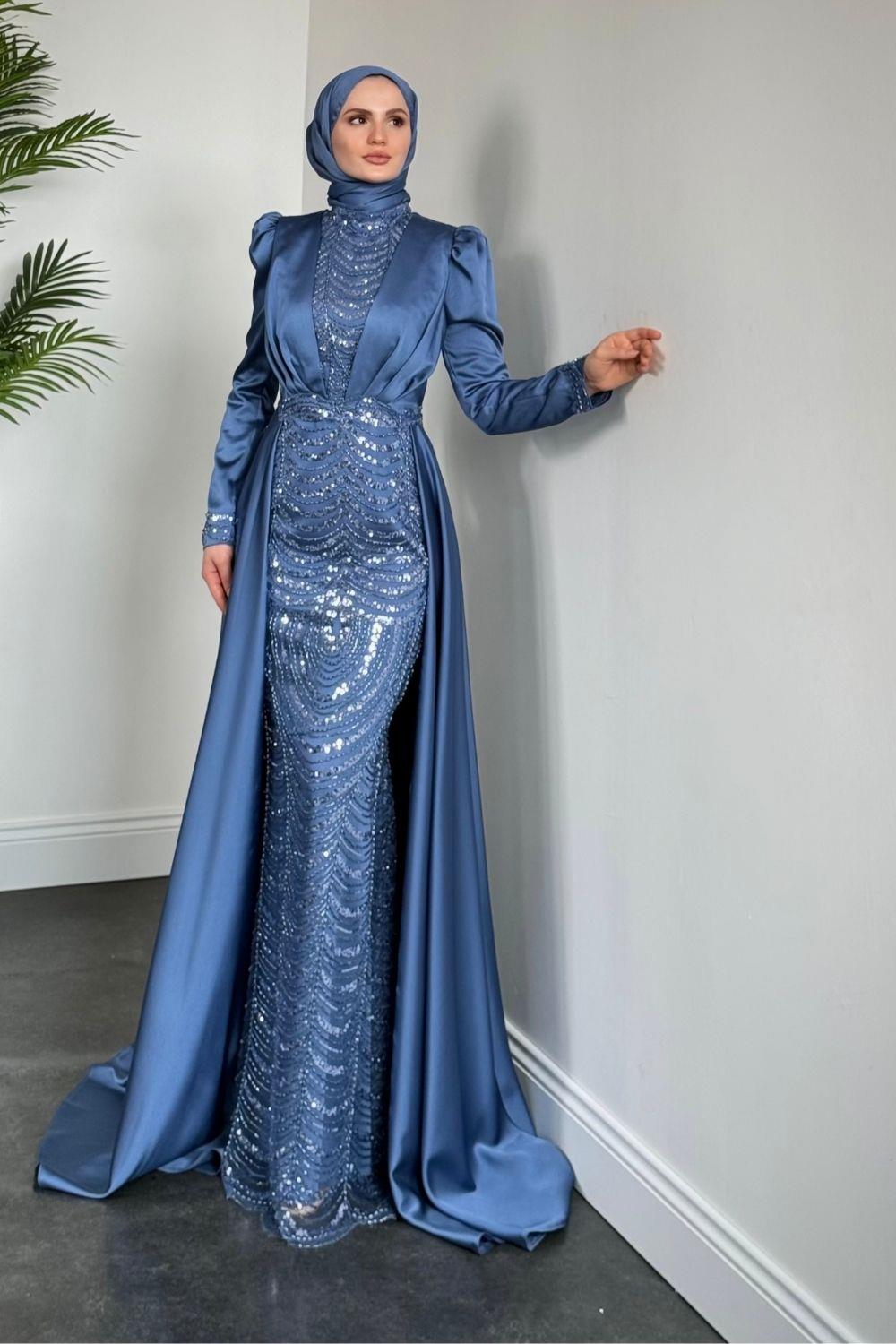 Pelerinli Saten Abiye İndigo 9399 