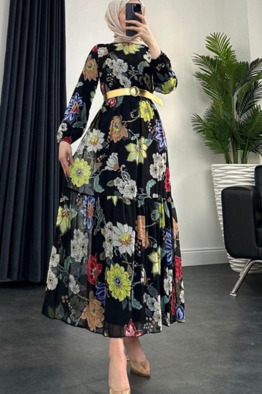 Perla Kemerli Şifon Elbise Siyah 9400 