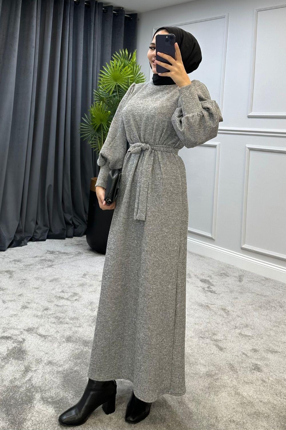 Balon Kol Triko Elbise Gri 9512 