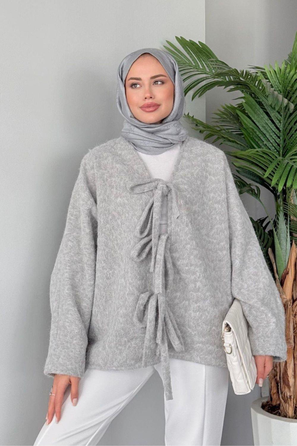 Bağlamalı Kırçıl Kaşe Ceket Gri 9565 