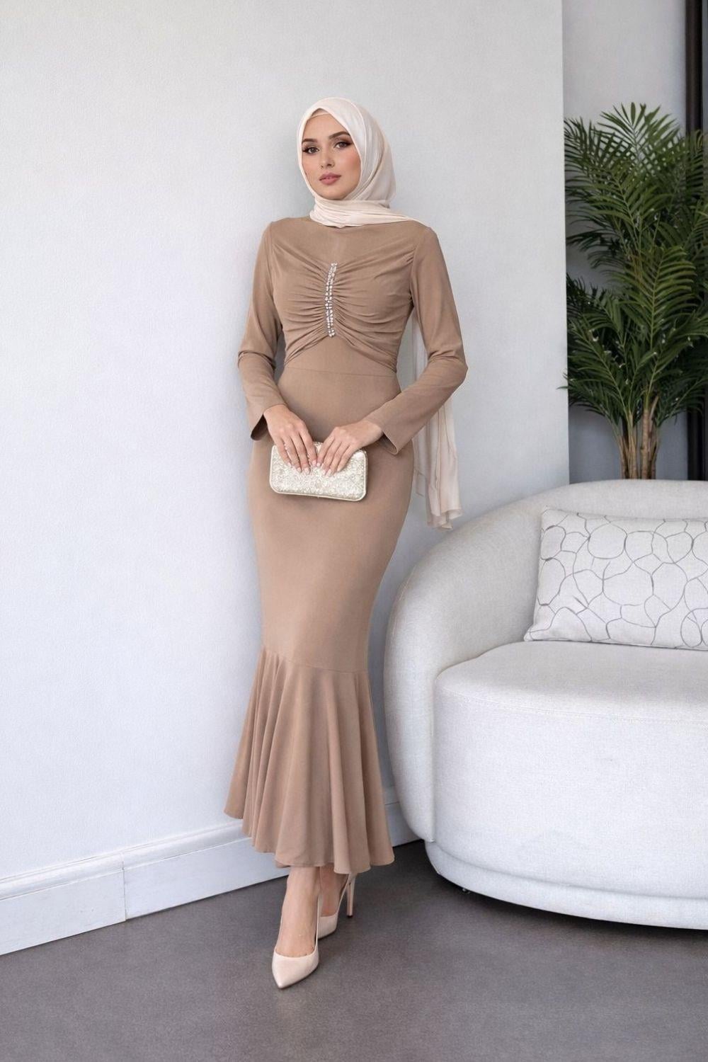 Sandy Taşlı Elbise Bej 9612 