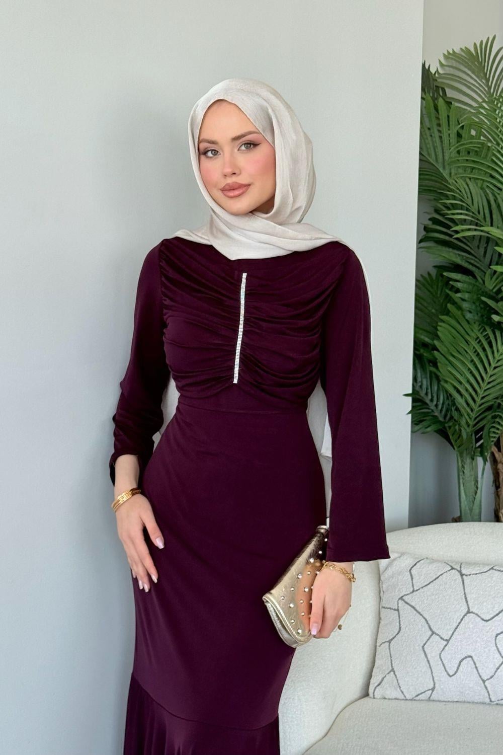 Sandy Taşlı Elbise Mürdüm 9612 