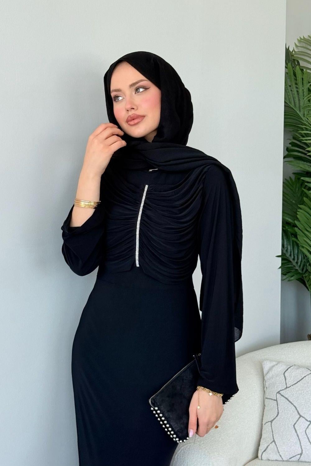 Sandy Taşlı Elbise Siyah 9612 