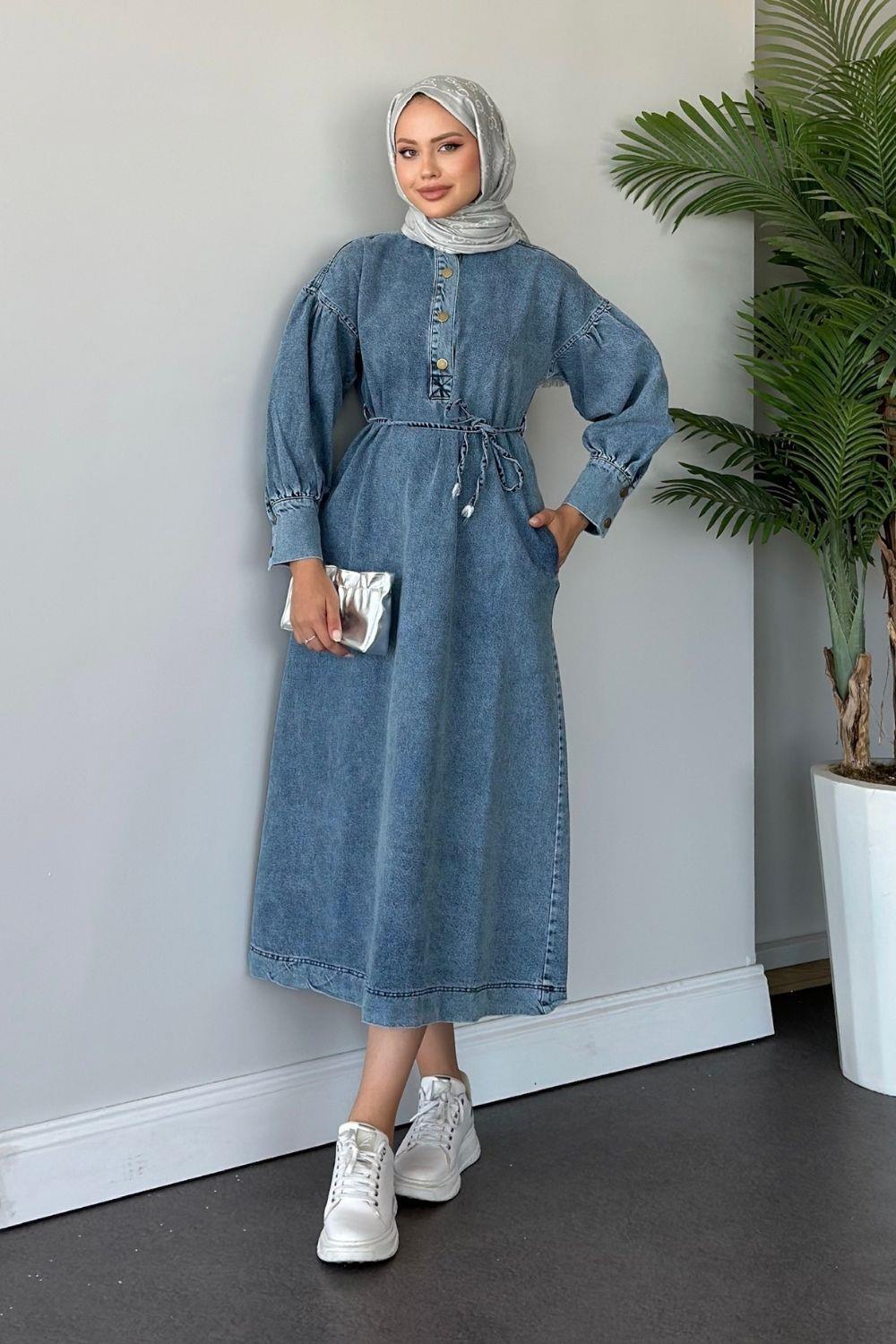 Balon Kol Kot Elbise Mavi 9632 