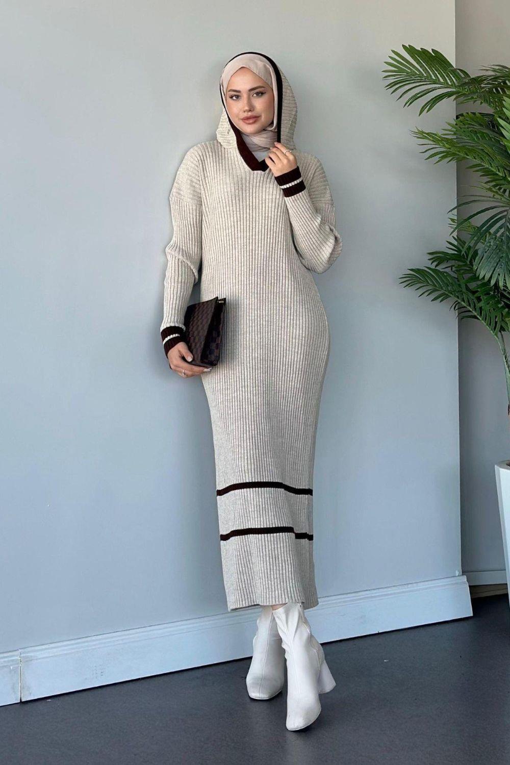 Selly Kapişonlu Triko Elbise Bej 96356 