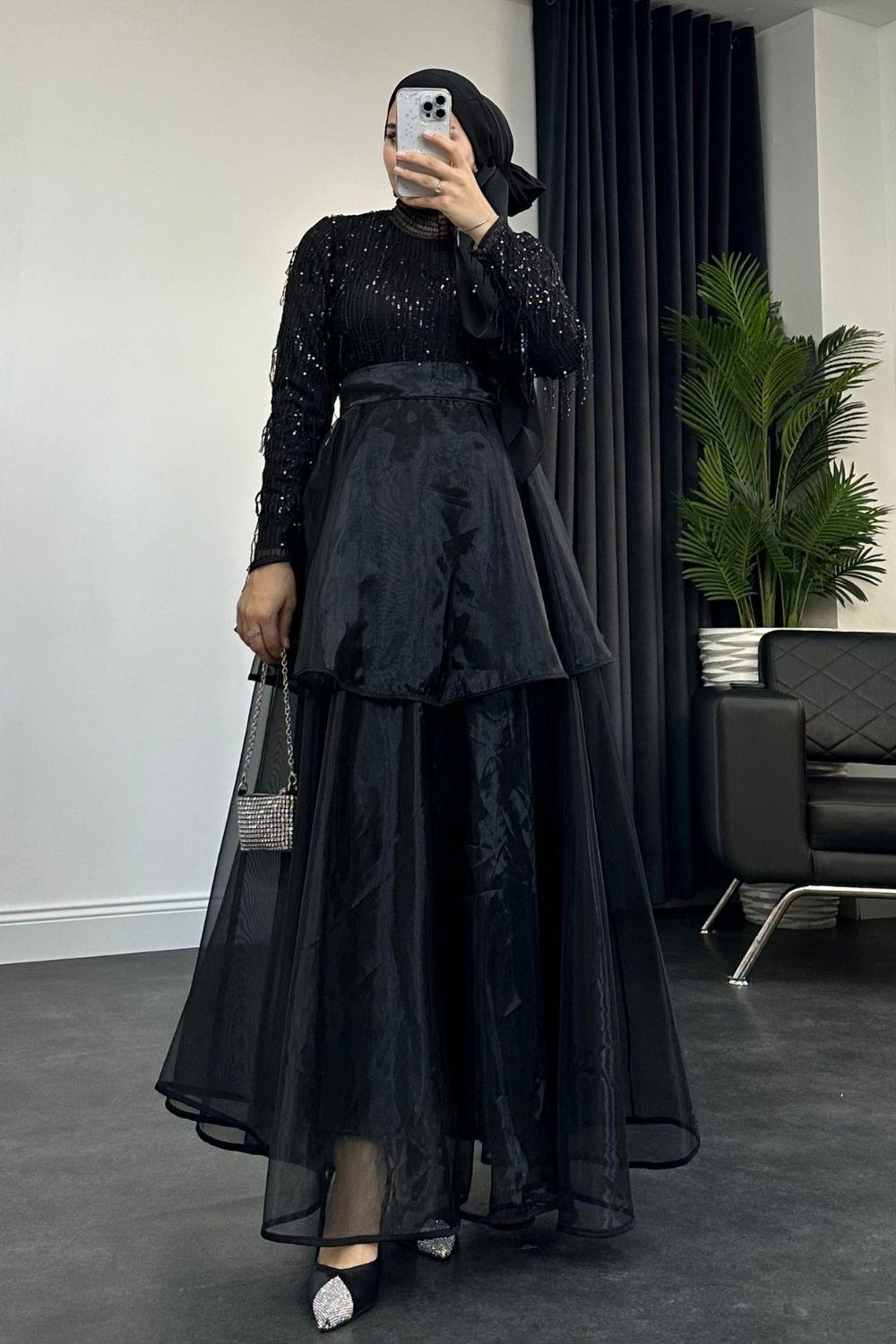 Üstü Pullu Organize Tül Abiye Siyah 9696 