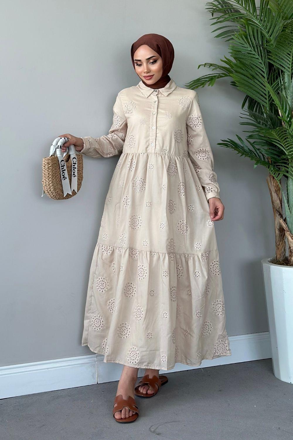 Güpürlü Elbise Bej 9818 