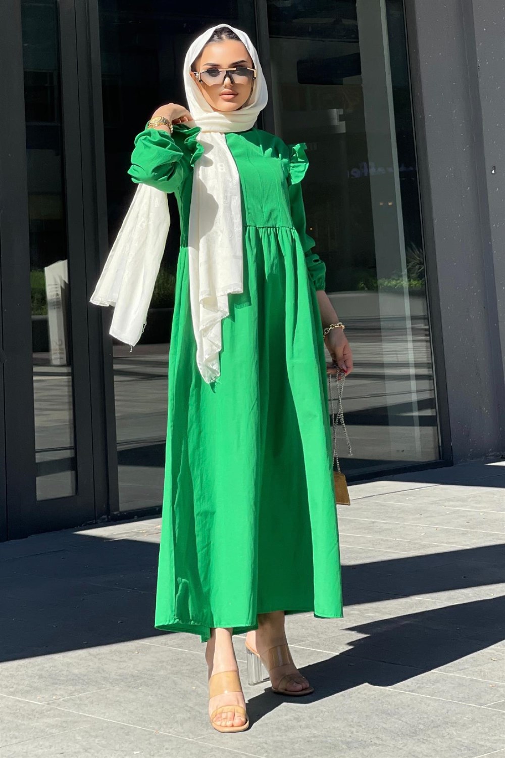Önü Fermuarlı Kolları Fırfırlı Elbise Yeşil – Şule Giyim | Tesettür Giyim