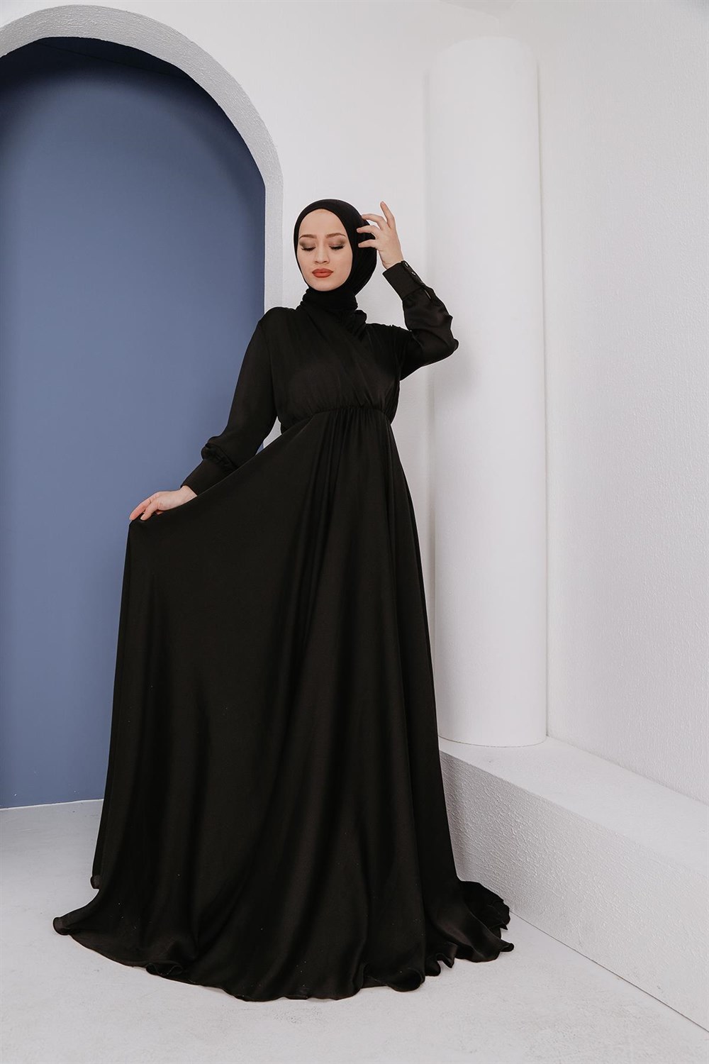 Şal Yaka Saten Abiye Siyah – Şule Giyim | Tesettür Giyim