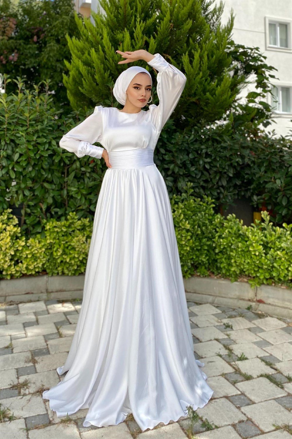 Beli Pilise Detaylı Maxi Tesettür Abiye Beyaz – Şule Giyim | Tesettür Giyim