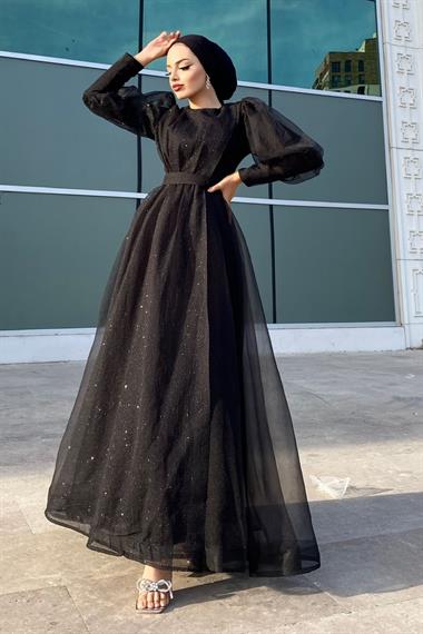 Yarı Pullu Tül Abiye Siyah – Şule Giyim | Tesettür Giyim