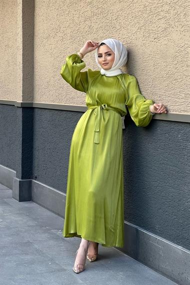 Amine Elbise Yağ Yeşili – Şule Giyim | Tesettür Giyim