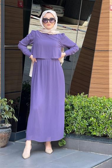 Üstü Dökümlü Altı Pileli Elbise Lila – Şule Giyim | Tesettür Giyim
