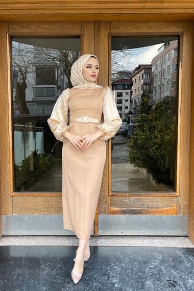 Organize Tül Kemerli Kalem Elbise Gold – Şule Giyim | Tesettür Giyim