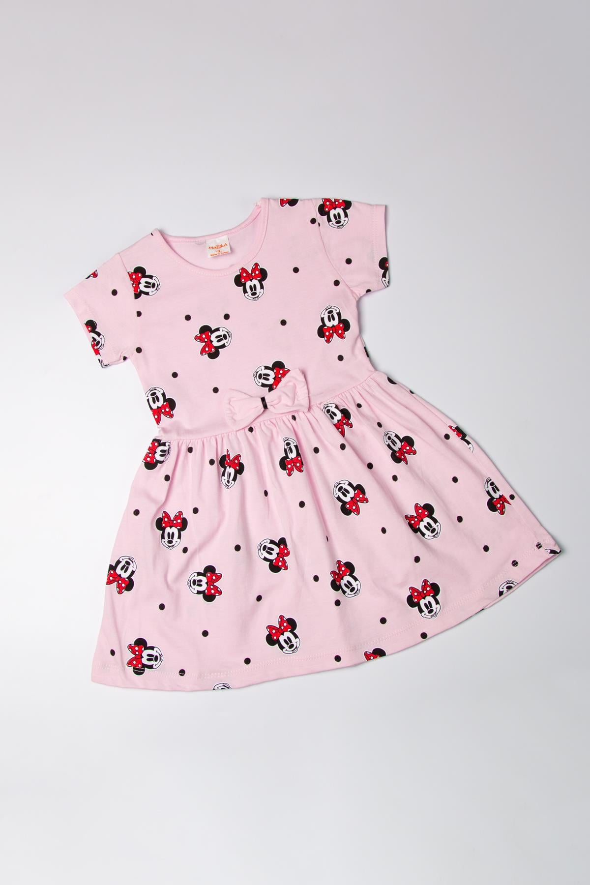 Kız Çocuk Minnie Desenli Kısa Kollu Pudra ElbiseElbiseKız Çocuk Minnie Desenli Kısa Kollu Pudra Elbise
