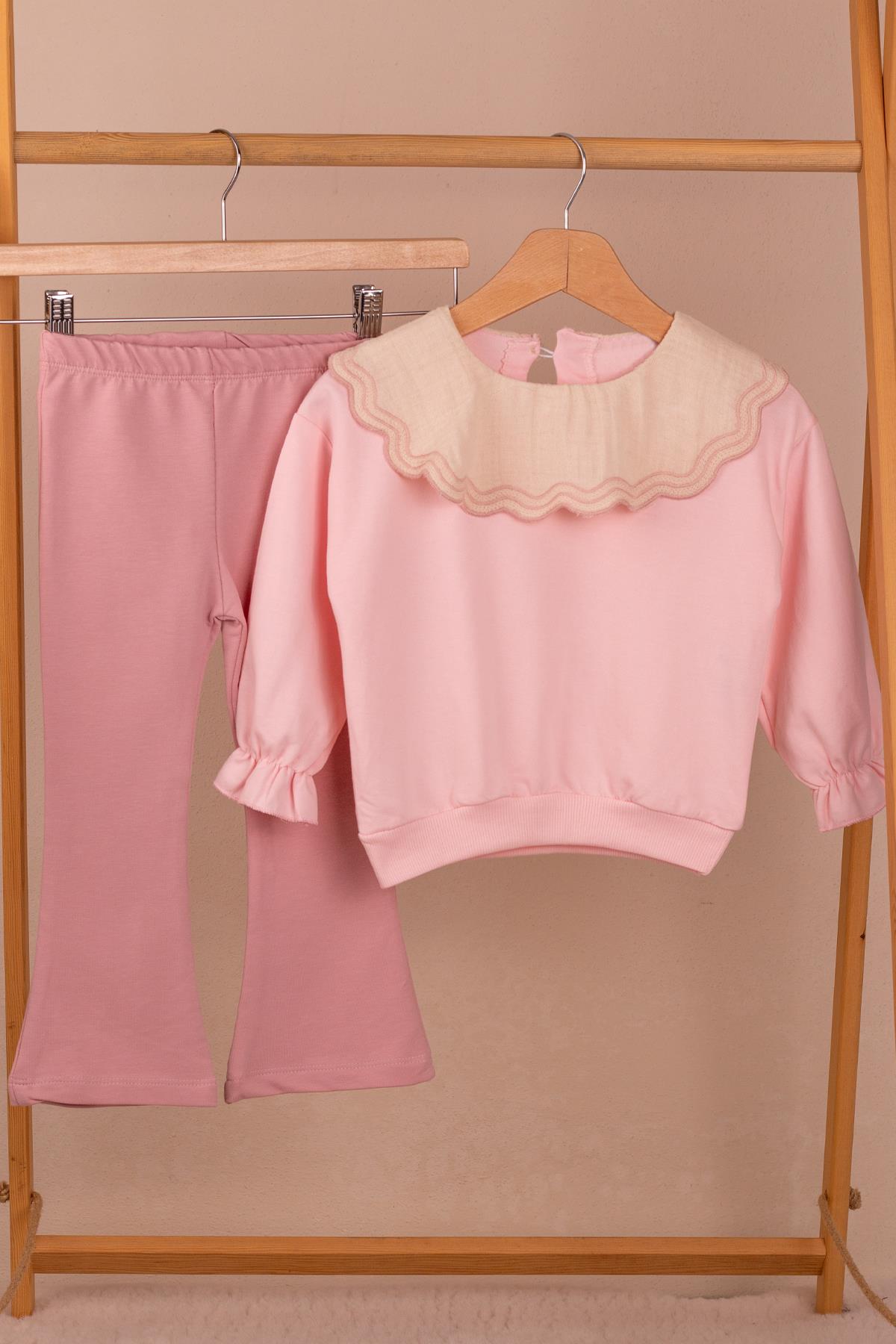 Yakalı Sweatshirt İspanyol Paça Taytlı Takım PembeUzun TakımYakalı Sweatshirt İspanyol Paça Taytlı Takım Pembe