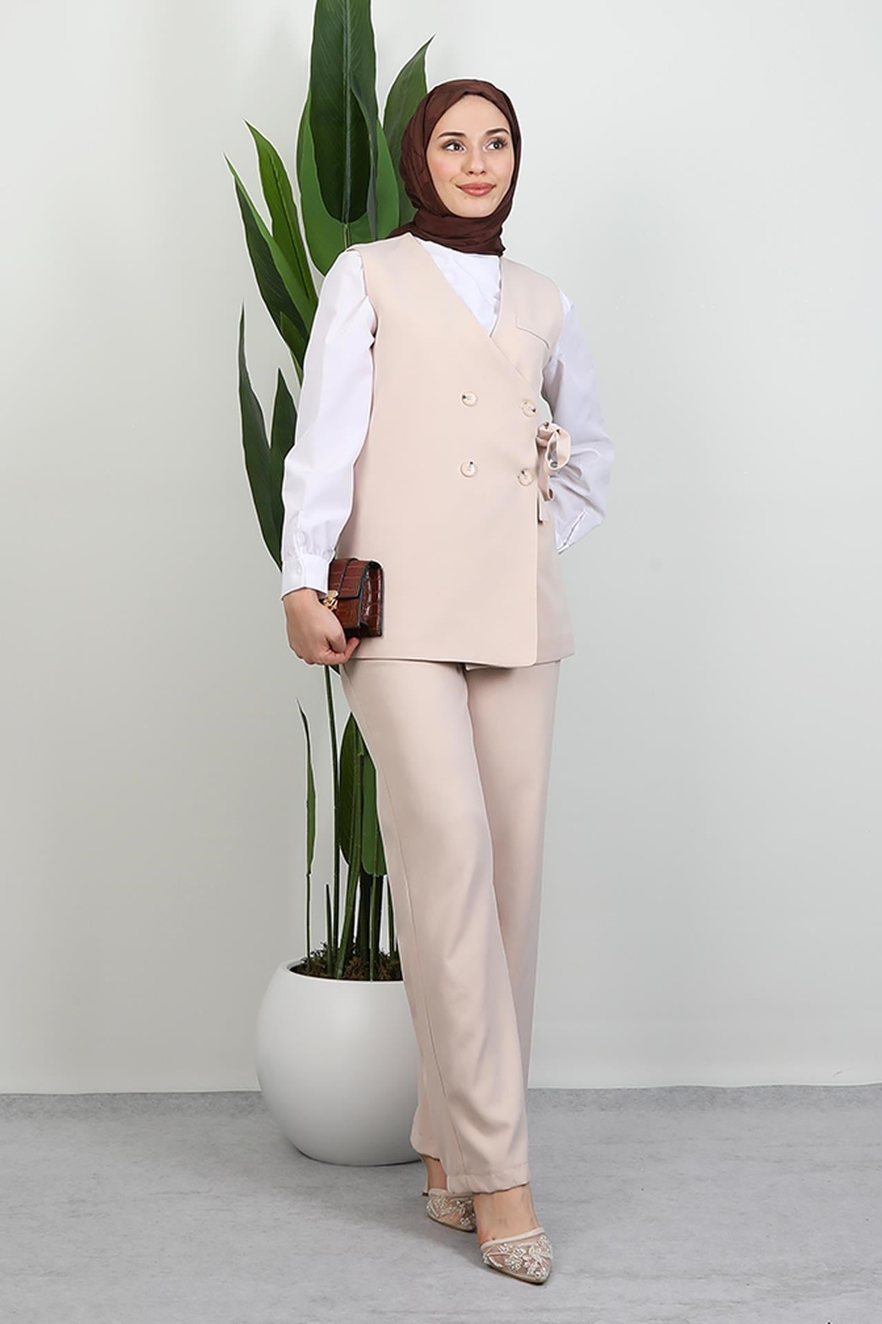 Bağlamalı Yelek Takım Krem