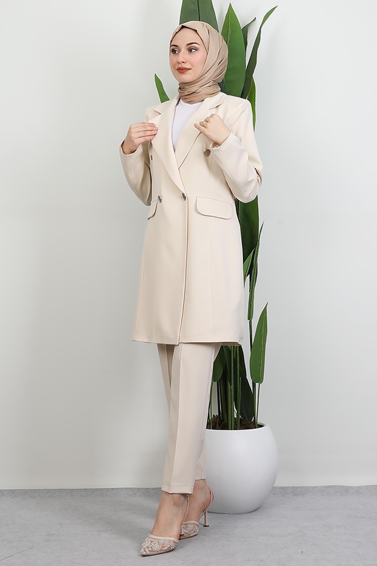 Blazer Ceket Takım Krem