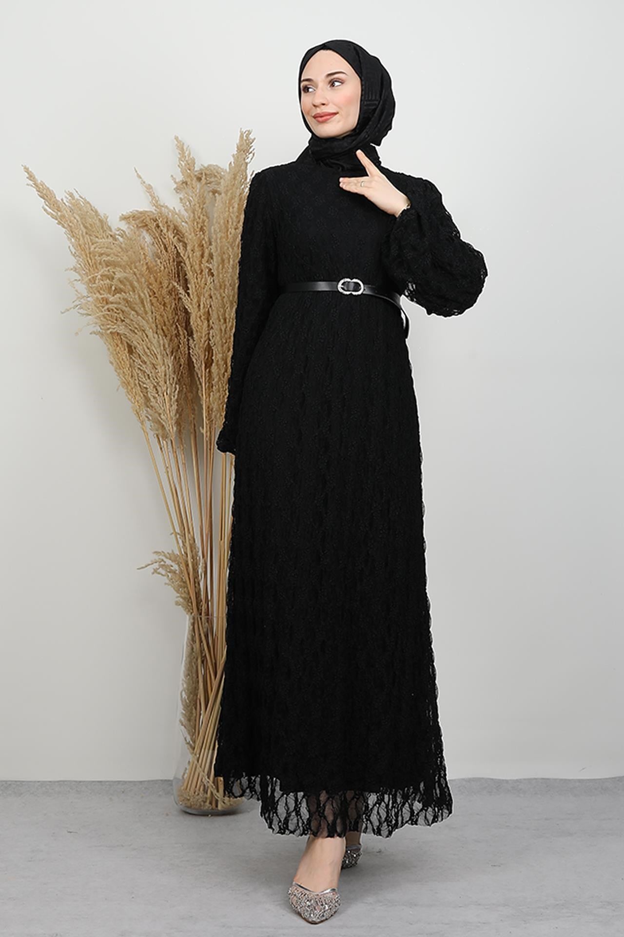 Flora Dantel Elbise Siyah