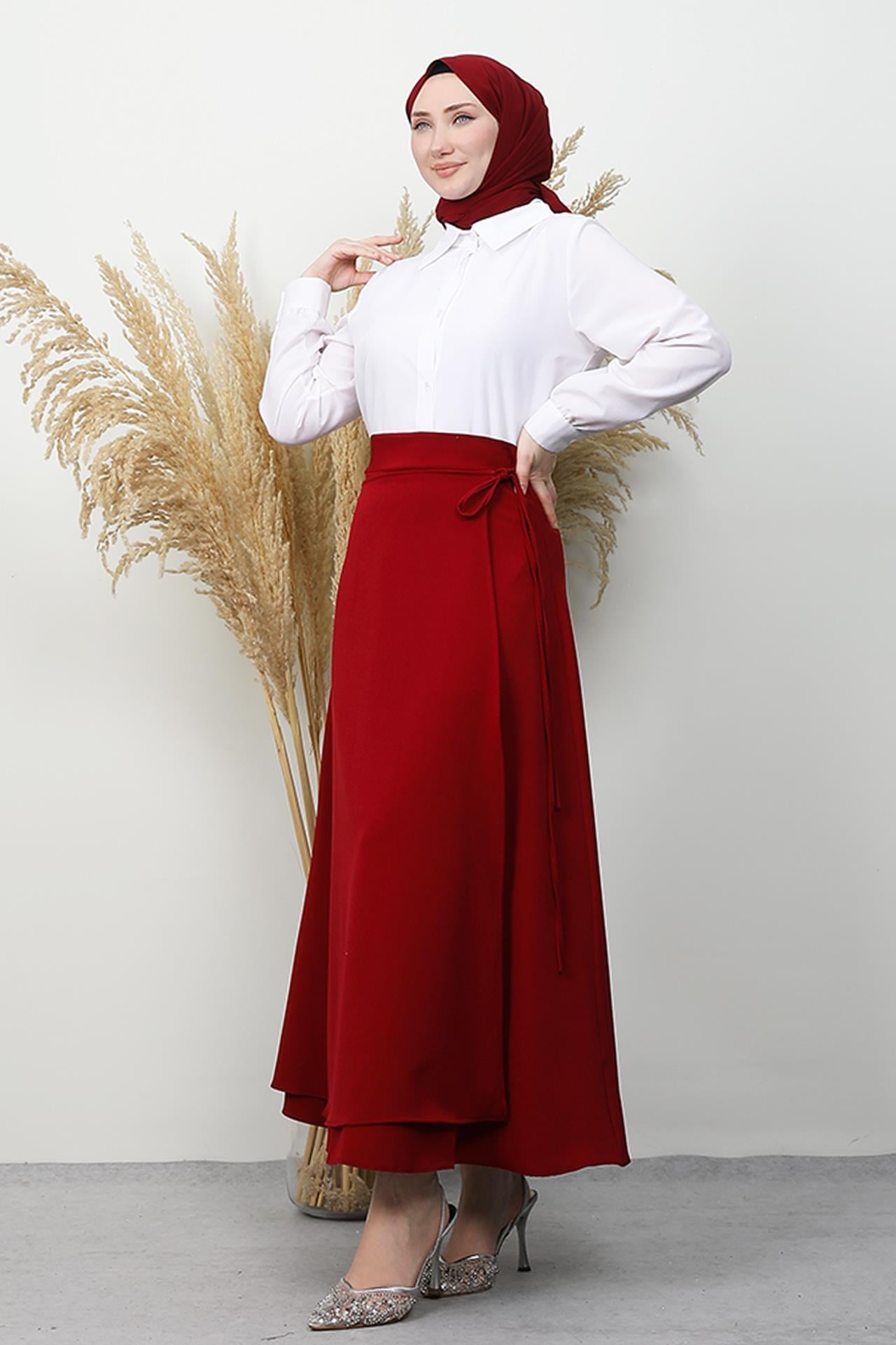 İp Detay Krep Etek Bordo