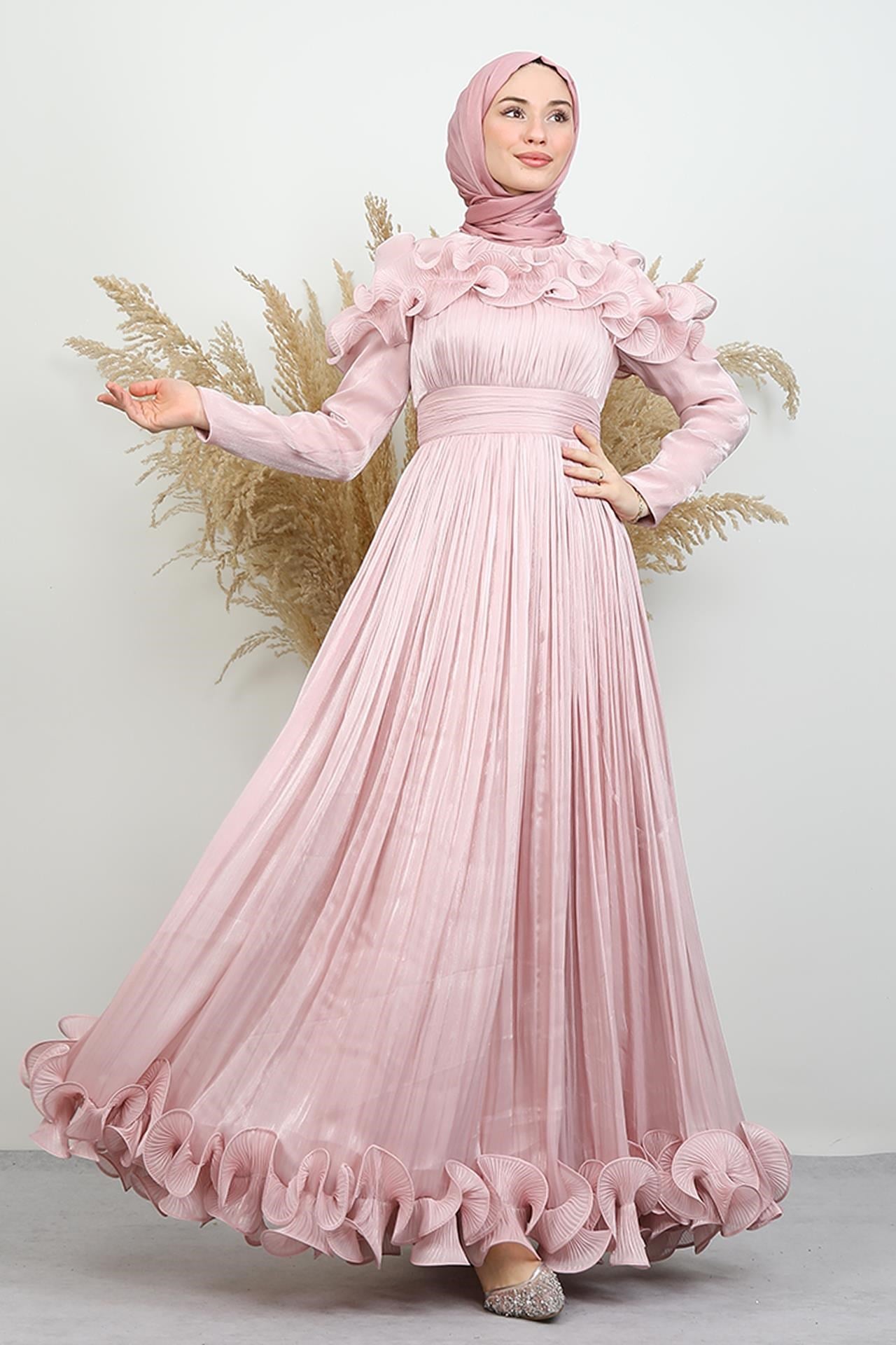 Kabartma Detay Yoryo Abiye Soft Pembe