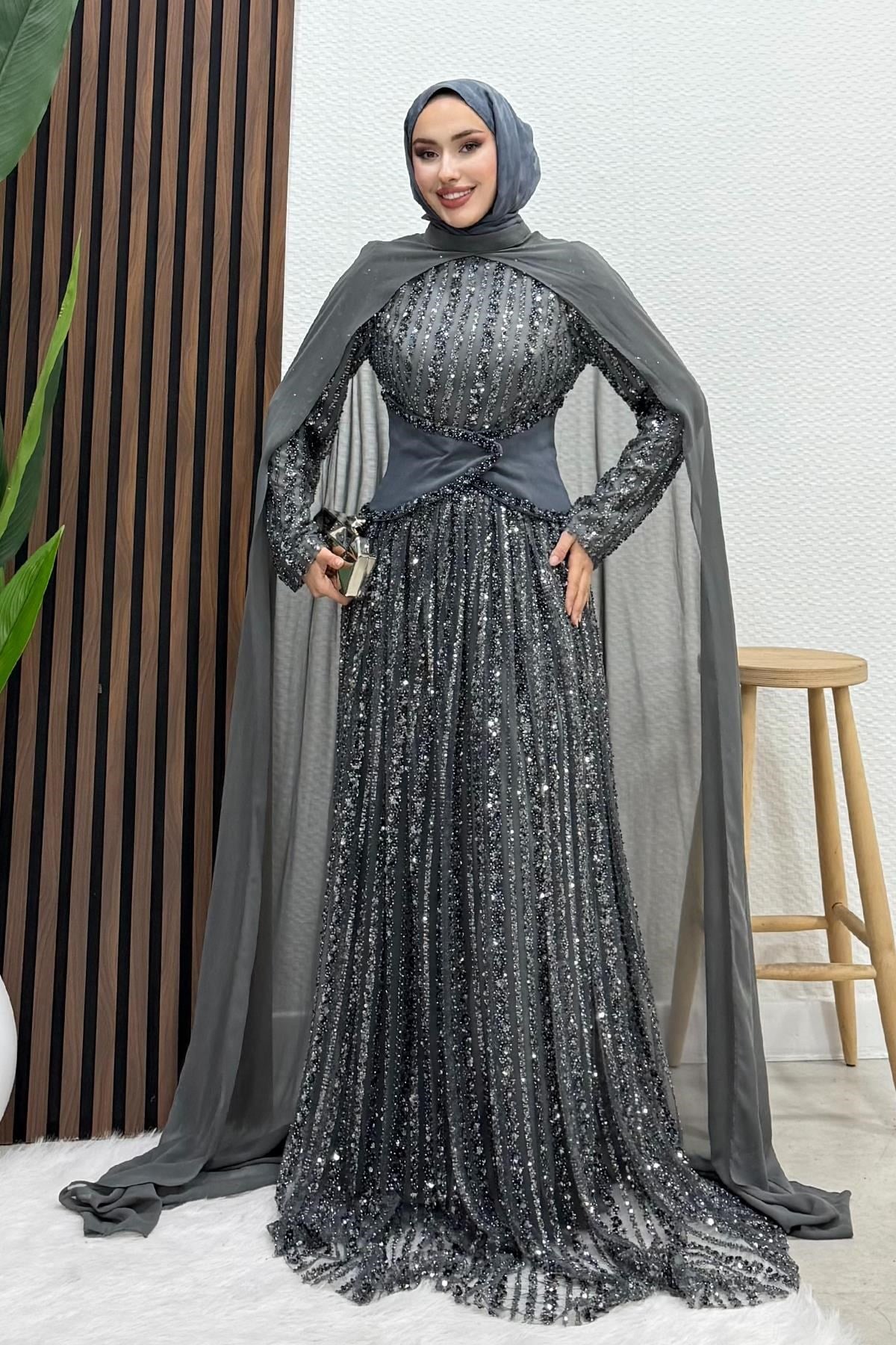 Nilüfer İşleme Abiye Koyu Gri