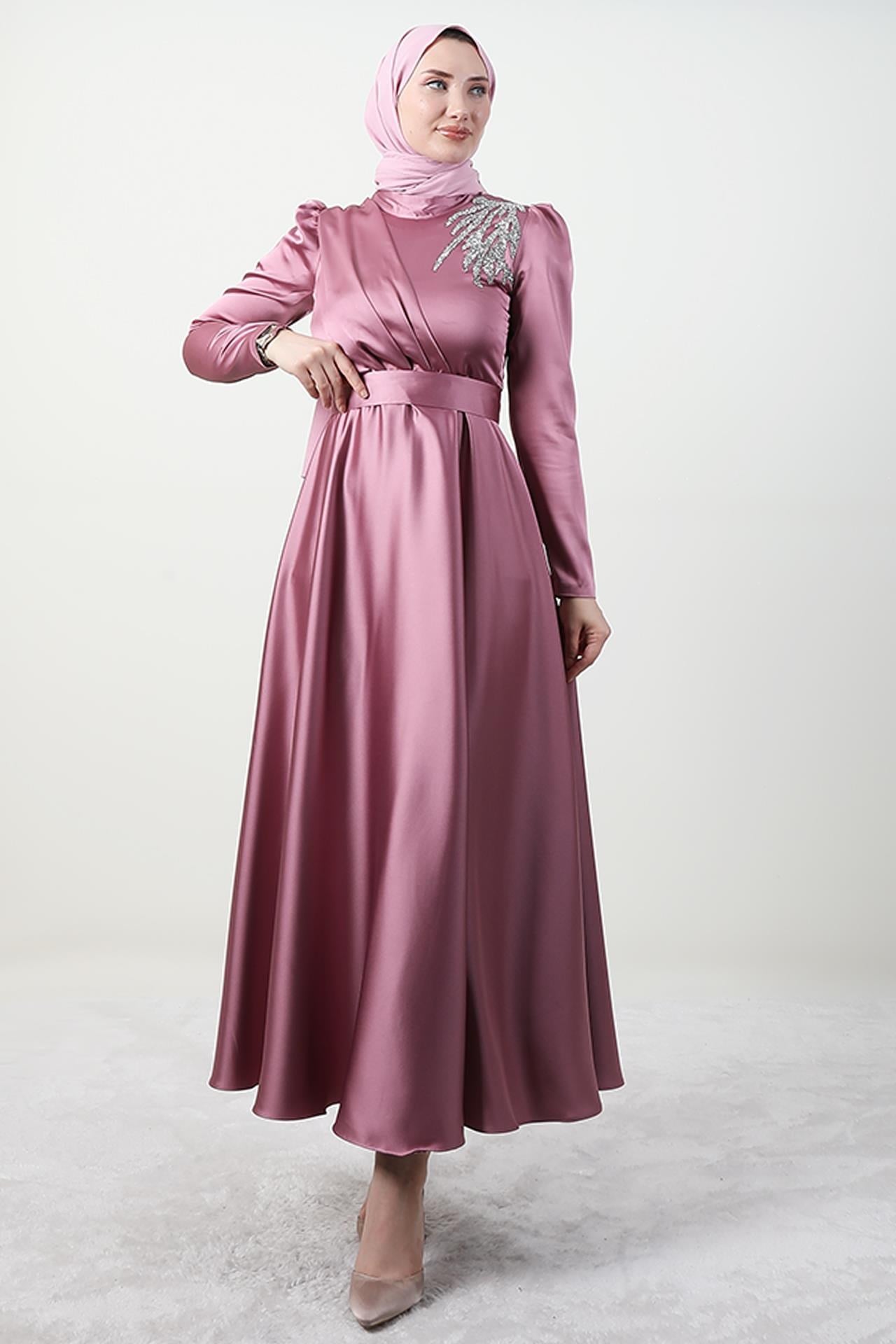 Omzu Taşlı Saten Abiye Koyu Pembe