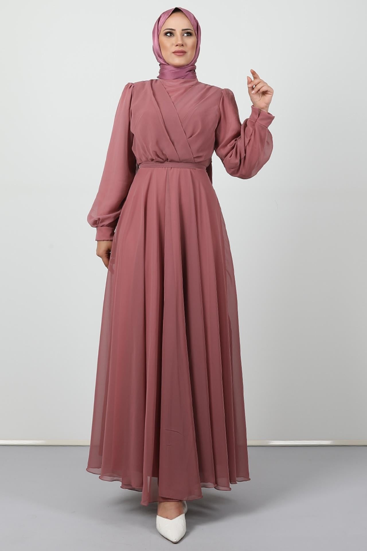 Önü Çapraz Şifon Elbise Pembe
