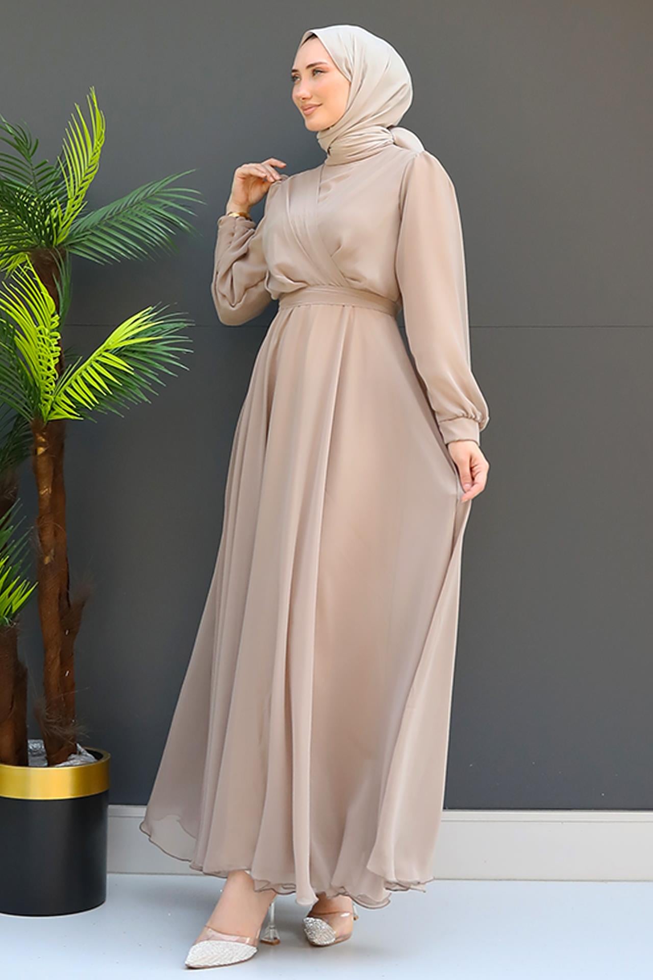 Önü Çapraz Şifon Elbise Vizon