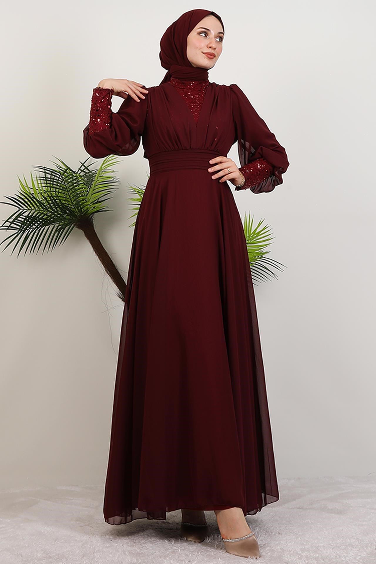 Roza Detay Şifon Elbise Bordo